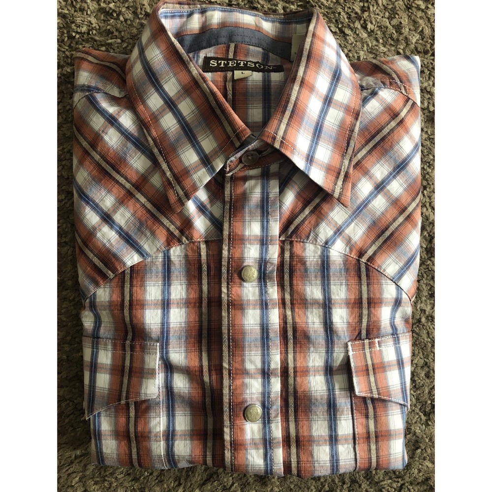 Stetson Western Shirt Snap Plaid Men Large Orange Blue Short Sleeve Cowboy Ranch